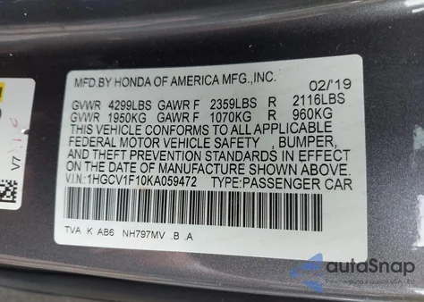 2019 Honda Accord Lx z USA, uszkodzony, nr VIN 1HGCV1F10KA059472